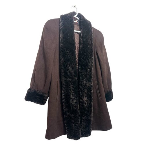 Vintage Alorna Faux Fur Trim Wool Penny Lane Coat A-Line XL Brown Retro Old Mone - Picture 13 of 16